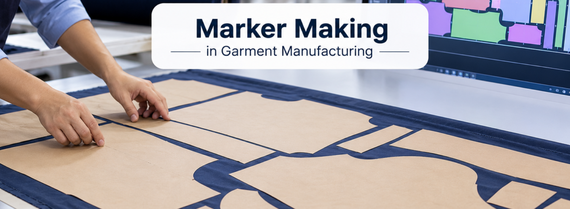 Marker making in garment manufacturing with paper patterns arranged on fabric before cutting.